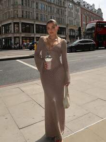 Casual Elegant Knit Dress, Suitable For Casual Dates, Holidays, Beach Outings - Brown - View 4