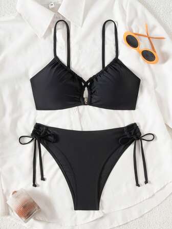 Conjunto de bikini de 2 piezas para mujer, traje de baño negro sólido y sexy con cordón en la Bottom, ropa de playa de verano