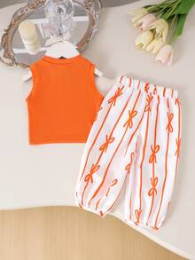 2pcs/Set Toddler Girls Casual Comfortable Tank Top + Pants Set, Lightweight Summer Outfit - Orange - View 2
