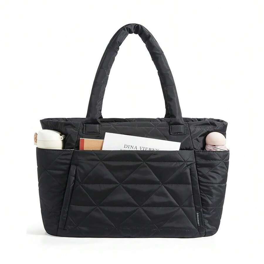 Tote Bag For Women, Puffy Tote Bag With Zipper, Large Quilted Shoulder Bag With Compartments For Travel, Work, Gym - B-黑色 - 查看 1