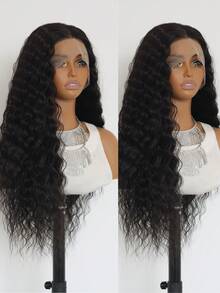 #1B 自然黑色深卷发 13x4 蕾丝前假发 逼真无胶长卷黑色合成蕾丝前假发 预先拔毛，带婴儿发 女士款 24 英寸 - 黑色 - 查看 5