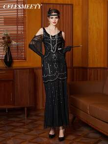 Đầm dạ hội dài tay ngắn cổ chữ V đính sequin và hạt cườm kiểu Jazz thập niên 1920, thích hợp cho tiệc tùng, đám cưới và các dịp khác, cỡ lớn dành cho nữ, thời trang toàn cầu. - màu đen - Xem 2