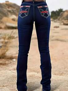 Plus-Size Women's High-Waisted Jeans, Featuring A High-Waisted Design That Slims The Waist And Lifts The Hips, With A Dark Blue Geometric Embroidery Design. Y2K Plus-Size Women's Flared Jeans - 藍色 - 查看 2