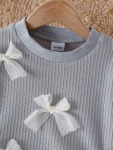 2pcs Baby Girls' Set, Light Gray Knit Top With Bow Accent Paired With Matching Mesh Skirt, Sweet, Cute, Retro Style, Autumn/Winter - Grey - View 3
