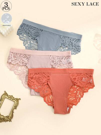 Aofeiqike 3-pack bikiniunderkläder för kvinnor med låg midja - Elegant spetskant Ribbad textur Ultrastretchig Hudvänlig Tyg Andningsbart Foder Klämfri Midjeband Bekväm Passform Flerfärgad (Rosa/Korall/Blå) Feminina Vardagsunderkläder | Mjukt Stretchigt Tyg För Heldagsbruk, Delikata Spetsdetaljer För En Touch Av Elegans, Icke-Irriterande Foder Som Håller Dig Fräsch