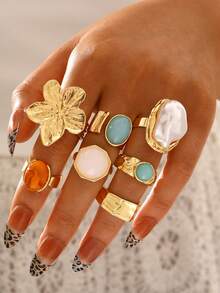Bộ 21/8/7/6 chiếc nhẫn xếp chồng kiểu Bohemian tối giản cổ điển, tinh tế, mạ vàng, bao gồm các thiết kế hoa, nơ, ngọc trai không đều, xoắn, trái tim, pha lê, mặt trăng, ngôi sao, thánh giá, đá mắt mèo, phù hợp cho nữ giới, các dịp lễ, tiệc tùng, hẹn hò, đeo hàng ngày, làm quà tặng. - Vàng - Xem 3