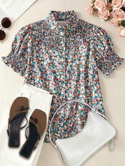 Women's Casual Floral Print Shirt, Spring/Summer, Featuring Lace Collar & Cuff Details, Single-Breasted Front, Short Sleeves, Loose Fit