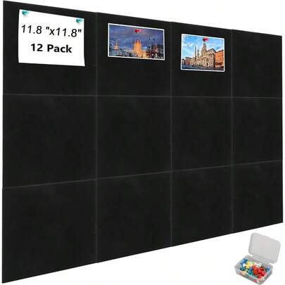 Tablero de Corcho 12 PCS 11.8"x11.8" Azulejos de Pared de Fieltro con Chinchetas Tablón de Anuncios de Fieltro Autoadhesivo para Oficina Hogar Cocina Decoración Fotográfica BLACK