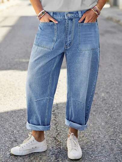 Plus Size Loose Non-Stretch Denim Jeans With Button Decor, Long Denim Pants For Plus Size Casual Spring