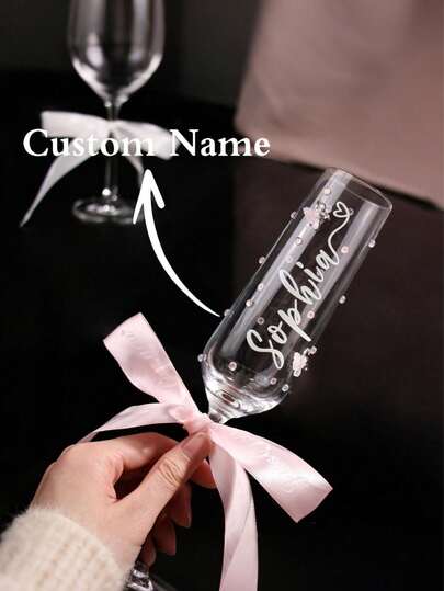 Personalized Bride Champagne Flute, Faux Pearl Crystal Glass Champagne Flute, Customized Champagne Flute For Bride And Bridesmaids - Reusable, Dishwasher , Customized Champagne Flute With Bow / Bride And Bridesmaids Wine Glass / Wedding Party Glassware / Wedding Supplies / Champagne Flute / Champagne Coupe / Bridesmaid / Bride / Maid Of Honor / Mother Of The Bride / Bachelorette Party / Birthday Party
