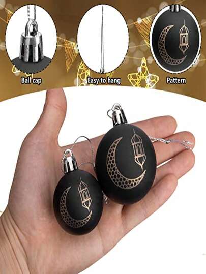 8pcs Ramadan Tree Ornaments, Black & Gold Eid Mubarak Ball Hanging Decorations, Party Decor Or Islamic Ramadan Tree Ornaments