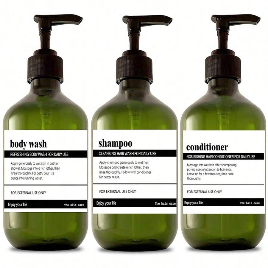 Refillable Shampoo And Conditioner Bottles, 17oz Shampoo And Conditioner Dispenser Soap Dispenser Shampoo Dispenser Lotion Dispenser With 8 Waterproof Labels For Bathroom Hotel - Green, 3pcs - 綠色 - 查看 1