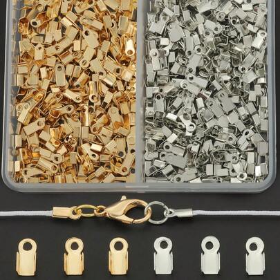 400pcs/Box DIY Jewelry Making Supplies, Includes 6mm Crimping Ends, Leather Cord Clips, Tongue Shaped Clasps, Crimp Covers, Cord Ends, Fold Over Crimp Beads, Cord Tips, Spring Rings, Suitable For DIY Jewelry, Bracelets, Necklaces, Anklets, Jewelry Findings, Beading Accessories, Craft Supplies