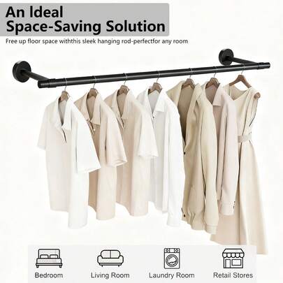 Kleiderständer zum Aufhängen von Kleidung, Schwerlast-Metallkleiderstange, moderner Stil Garderobenstange, platzsparender wandmontierter Kleiderbügel für Waschküche, Kleiderschrank, matt schwarz