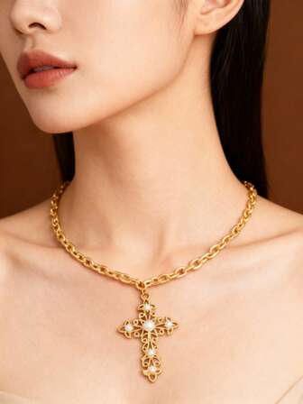 1件 时尚奢华复古宫廷风十字架几何设计项链