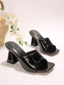 Square Toe High Heel Fashion Slippers For Women, European & American Style Crystal Heel Elegant Fabric Upper Open Toe Sandals - Black - View 7