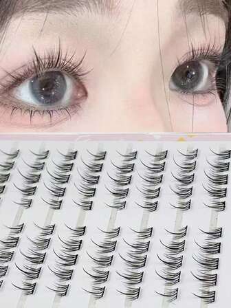 LIMEIKAI 80-Cluster Self-Adhesive False Eyelashes, C Curl, Natural, Cross, Cat Eye, Doll Styles, 10-12mm Length, Beginner Friendly, With Pre-Attached Glue Strip For Easy Application