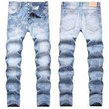 Pantalones Slim Fit de Denim Tie Dye Premium para Hombres, Estilo de Calle Alta con Elasticidad, Vaqueros Ajustados de Streetwear Versátiles para Uso Diario - Azul - Ver 11