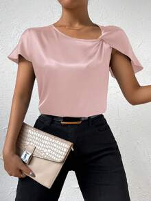Women's Summer Solid Color Crepe Asymmetric Neck Twist Shoulder Blouse - Baby Pink - View 4