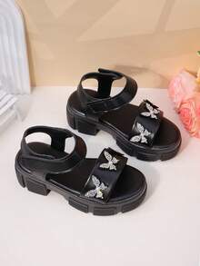 1 Pair Kids Black Rhinestone Butterfly Platform Sandals - Open Toe, Ankle Strap, Non-Slip Chunky Sole, Cool Casual Summer Party/Daily Shoes - Black - View 7