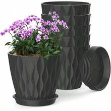 Inch Plant Pots 5 Pack, Flower Planters With Drainage Holes And Trays, Plastic Pots Indoor Outdoor Plants, White - 黑色 + 6英寸 - 查看 1