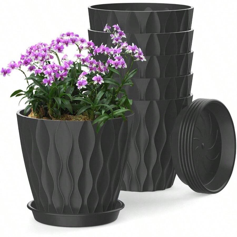Inch Plant Pots 5 Pack, Flower Planters With Drainage Holes And Trays, Plastic Pots Indoor Outdoor Plants, White - 黑色 + 6英寸 - 查看 1