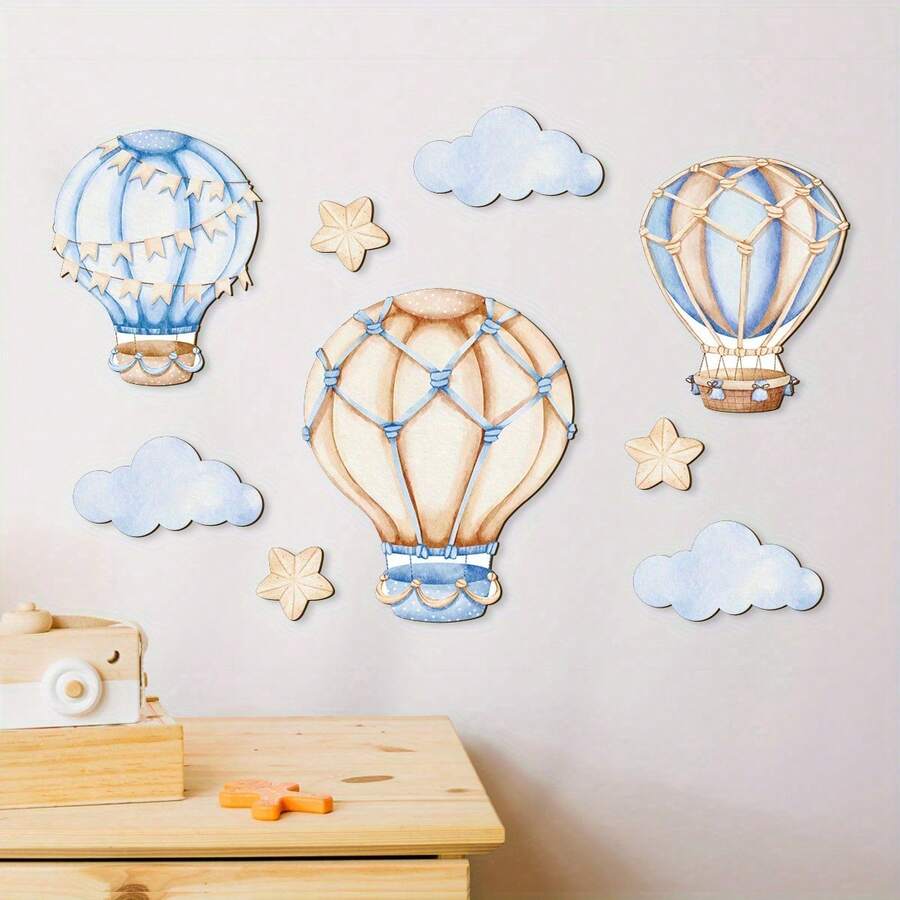 9pcs Blue Hot Air Balloon Wooden Wall Decor, Home Decor, Room Hanging Ornament - Multicolor - View 1