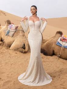 Faeriesty Damen Abendkleid mit langen Ärmeln und Perlen, tiefer V-Ausschnitt, figurbetonter Meerjungfrauenschnitt, verziert mit Pailletten-Stickerei, geeignet für rote Teppich Veranstaltungen, formelle Hochzeiten, schwarze Krawatte Anlässe, Luxus-Galas. - Champagnerfarben - Übersicht 4