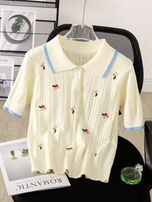 2026 New Spring/Summer Lightweight Knit Polo Collar Blouse With Premium Plant Embroidery & Cutout Design For Women - Apricot - View 1