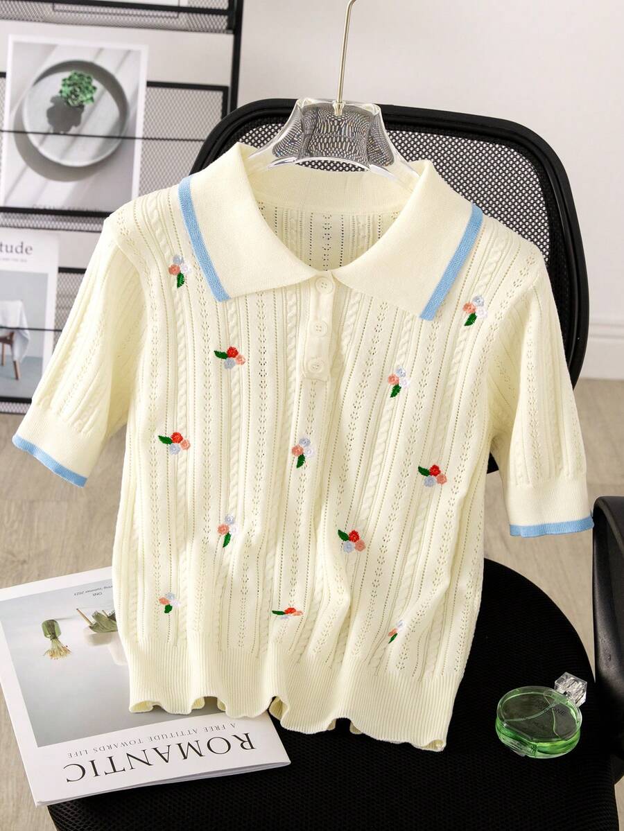 2026 New Spring/Summer Lightweight Knit Polo Collar Blouse With Premium Plant Embroidery & Cutout Design For Women - Apricot - View 1