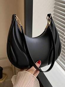 US-Based Fast Delivery | Minimalist Black Curved Hobo Bag - Soft Pu Leather Half-Moon Shoulder Bag With Gold-Tone Hardware, Adjustable Strap Crossbody Purse For Daily Outfits, Sleek Structured Design Elegant Handbag, Versatile Casual & Office Small Bag For Women,  Modern Minimalist Fashion Accessory - 黑色 - 查看 1
