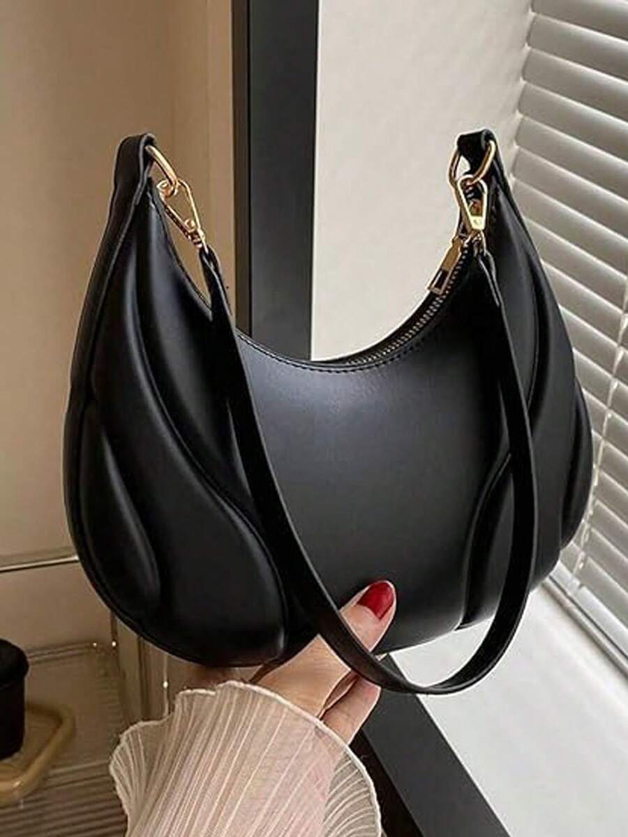 US-Based Fast Delivery | Minimalist Black Curved Hobo Bag - Soft Pu Leather Half-Moon Shoulder Bag With Gold-Tone Hardware, Adjustable Strap Crossbody Purse For Daily Outfits, Sleek Structured Design Elegant Handbag, Versatile Casual & Office Small Bag For Women, Modern Minimalist Fashion Accessory - 黑色 - 查看 1