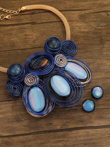 Exaggerated Multi-Layer Handmade Heavy Aluminum Wire Woven Resin Chain Bohemian European And American Middle Eastern European Korean Version Evening Party Holiday Women's Fashion Beautiful Retro Teardrop Necklace Earrings - Royal Blue - View 6