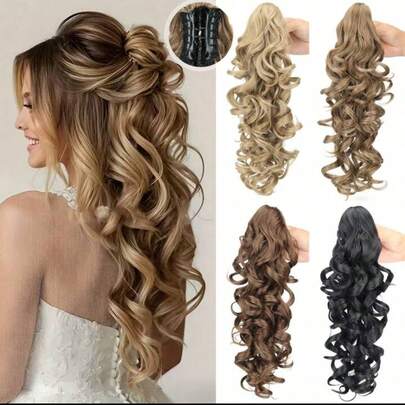 20 Inch Synthetic Wavy Ponytail Wig, Claw Clip Ponytail, Suitable For Daily Wear For Women, Available In Brown, Gray, Golden, Black Hair Accessories