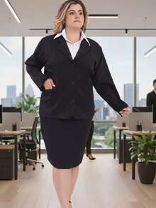Women's Plus Size Formal Business Blazer And Skirt Set - Black - View 2