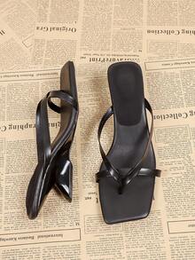 女士方头高跟人字拖，黑色休闲夏季拖鞋 - 黑色 - 查看 5