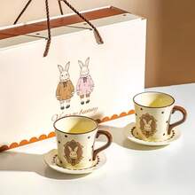 优雅复古兔子图案陶瓷早餐杯碟套装 - 波点饰边和精美边框，釉面工艺饮具，适用于日常居家使用、早餐、聚会和婚礼 - 彩色 - 查看 7