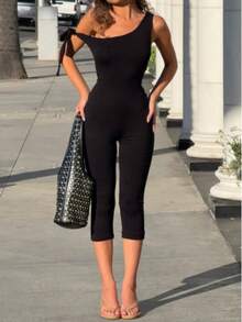 VIVINA Women's Spring/Summer Solid Color Asymmetric Tie-Up Slim Fit Jumpsuit, Minimalist Versatile Daily Wear Design Black - Black - View 1