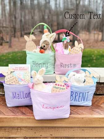 Personlig Seersucker påskkorg, Broderat namn, Äggjakt, Personlig broderad Seersucker påskkorg, Påskkorg Bärbar förvaringshink Seersucker hink