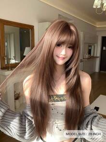 SHUDUO 1顶合成耐热直发棕色假发，纤维材质，适合日常佩戴，自然逼真（不含配饰） - 棕色 - 查看 4