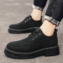 Men's Paris Round Toe Casual Shoes, Thick Sole Elevator Black Matte Derby Loafers - Print - View 4