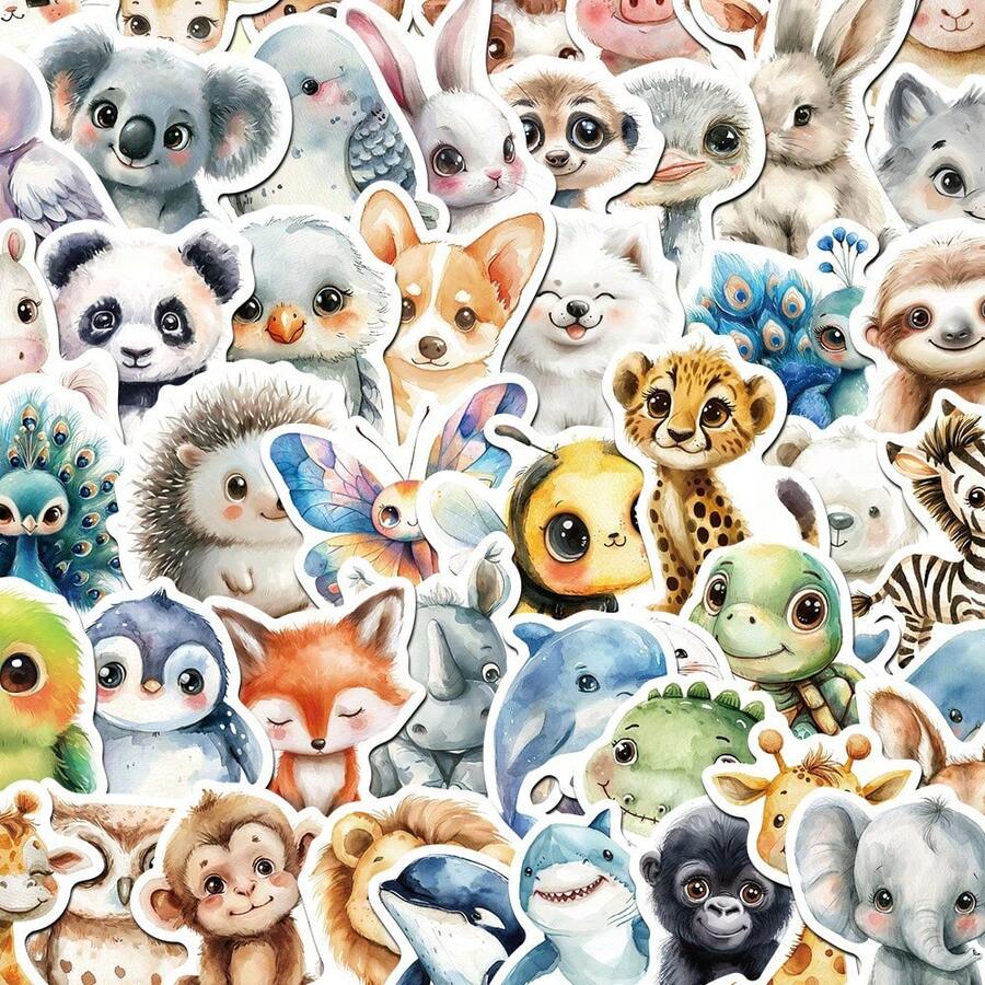 50 Cute Cartoon Watercolor Animal Journal Stickers Stationery Luggage Notebook Waterproof Decals - 1 - 查看 1