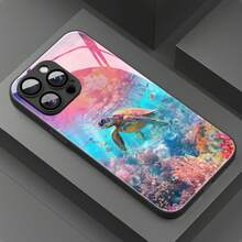 Hermosa Funda de Teléfono de Vidrio con Patrón de Tortuga Marina Submarina y Protección de Lente para iPhone 16ProMax/15Pro/14Plus/13/12/11ProMax, Diseño de Moda, Cubierta Protectora de Alta Gama - Colores mixtos - Ver 8