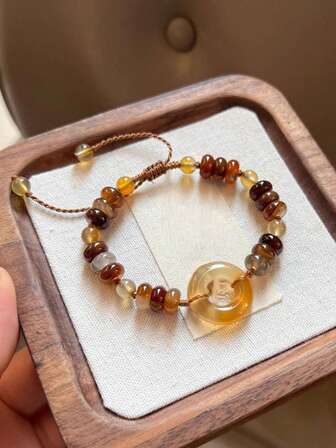 1 pieza Nuevo brazalete de punto de color ámbar estilo chino, accesorio de diseño de lujo retro artístico (color plateado aleatorio)