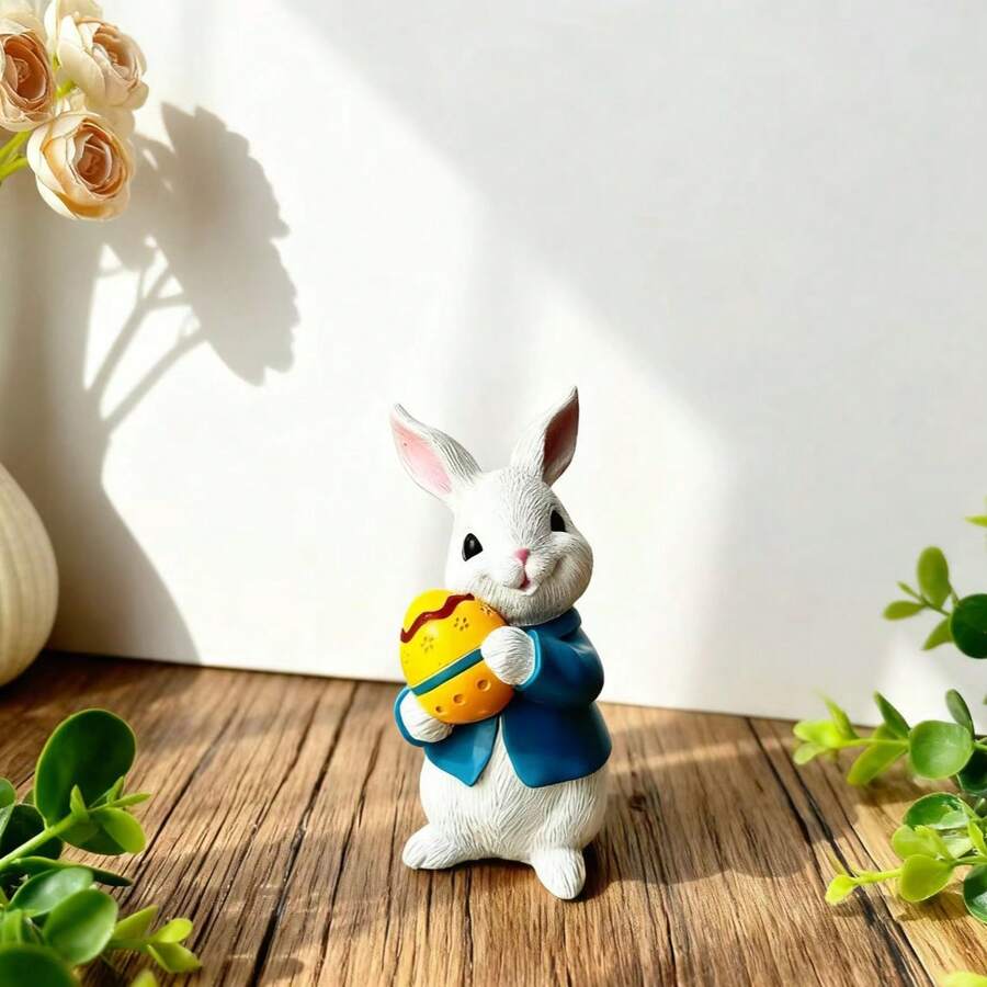 1pc Resin Cartoon Rabbit Figurine, No Accessories, Suitable For Home Decor, Desktop Ornament, Easter Decoration Gift, Boxed Packaging - Multicolor - View 1