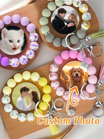 1pc Personalized Photo Bead Keychain, Women's Bracelet Tassel Keychain, Bag And Car Charm.