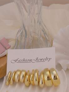 几何水滴宽C形耳钉套装，简约欧美风格，通勤耳环，尽显奢华优雅气质 - 金色 - 查看 5