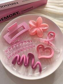 6个/1个 4.33英寸/11厘米 粉色心形芙蓉花发夹，轻巧塑料发饰，适合日常、休闲、派对、海滩、马尾辫、发髻、洗脸/洗头、化妆、搭配服装，优雅女士爪夹发夹 - 彩色 - 查看 9