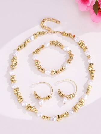 Pendientes, pulsera y collar de cadena de cuentas de plástico irregulares y creativos para mujeres. Gargantilla de perlas falsas vintage para novia y boda, joyería de cuello como regalo