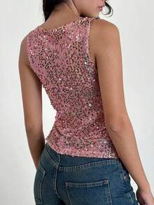 Women's Sequin Tank Tops,Slim Fit Sheer Knitted See Through Tops,Crew Neck Sparkly Camisole Vest Glitter Crop Tank,Stylish Solid Color Casual Sleeveless Vest,Y2K Teen Girl Going Out Mesh Party Shirt Streetwear,Rave Outfits,Suitable For Birthday/Dating/Daily Shopping/Concert/Brunch/Daily Wear/ Summer Vacation - Hồng - Xem 2